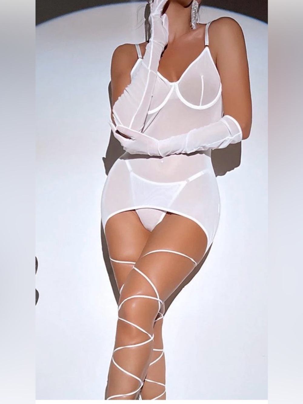 New! WHITE MESH SHEER GLOVED BODYSUIT GARTER LEG WRAP DRESS
**DRESS ONLY** - Picture 2 of 10